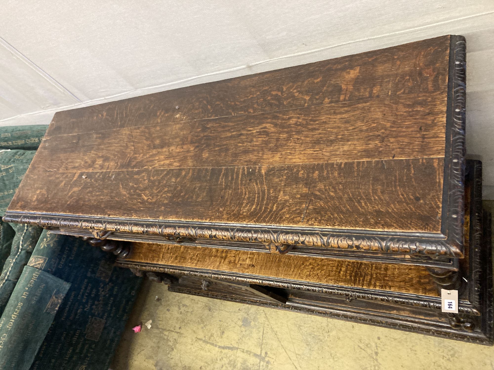 A late 19th century Flemish carved oak buffet, width 136cm, depth 40cm, height 94cm